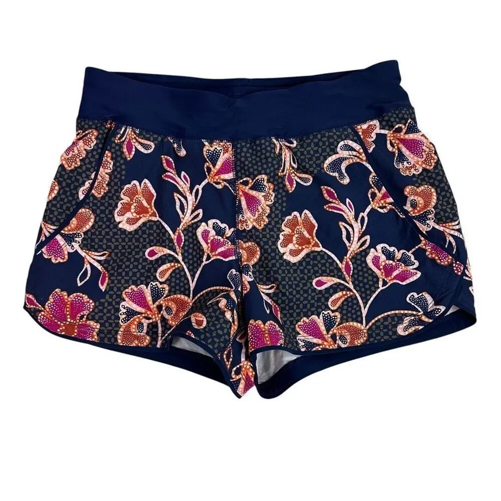 Lands End Women’s 3” Swim Shorts Size 4 Deep Sea Navy Floral Mix Quick Dry Pocke